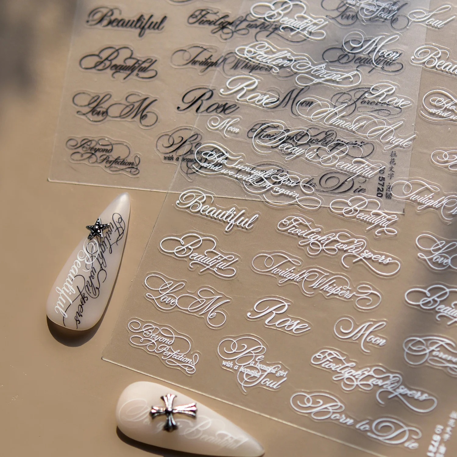 White Script Calligraphy Words 5D Nail Art Stickers Embossed Pure White Line Minimalist Fresh Lettering Nail Decals Manicure DIY