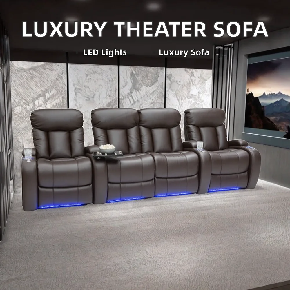 #Chunyun Supplier Hot Selling Luxury Modern Theater Cinema Recliner Sofa Chair 3 Seater Wedge Arms LED Light PU Leather Home