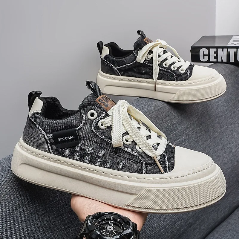 Vintage vintage distressed denim canvas skateboard shoes with lace up back to school contrasting colors,lightweight street style
