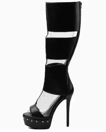 Women Black Leather Peep Toe Knee‑High Cutout Platform Boots Rivet Hollow Out Upper Stiletto High Heel Party Gladiator Boots