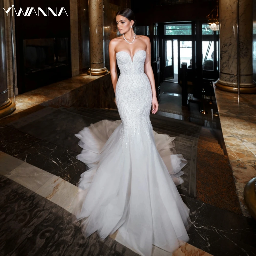 

2025 Glitter Hand-sewn Pearls Wedding Dress Sexy Deep V-neck Backless Bride Robe Luxury Mermaid Long Bridal Gown Robe De Mariée