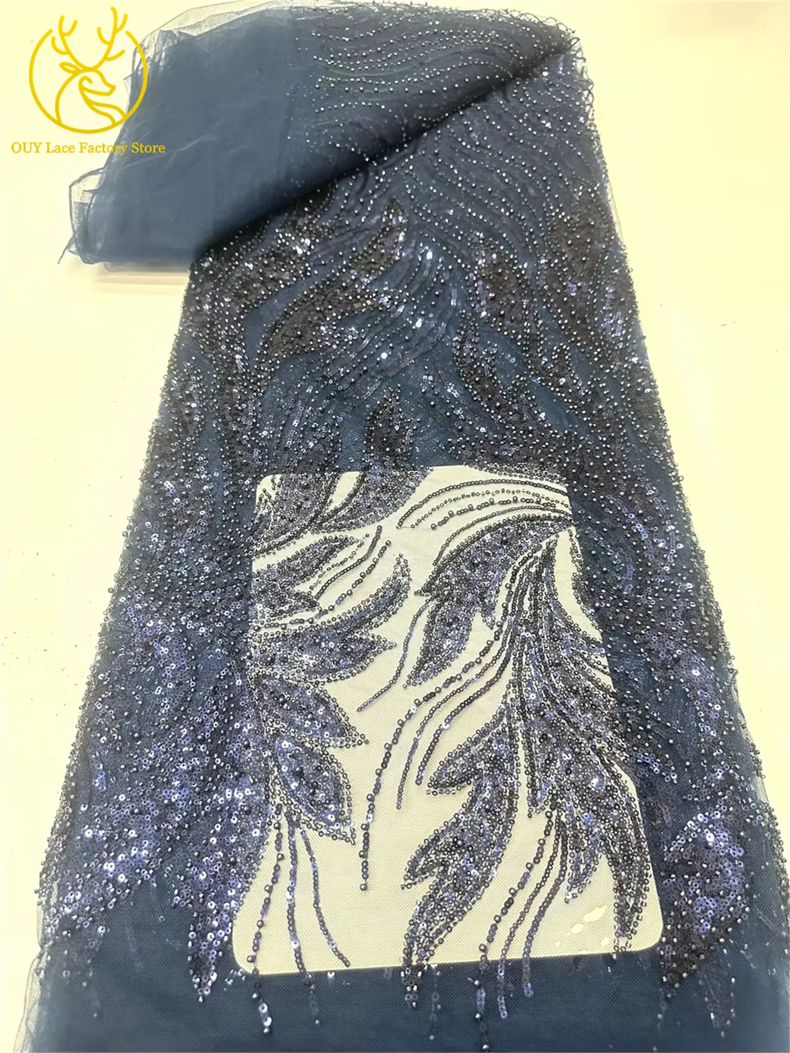 Luxuriöser Afrikanischer Bräutigam Perlenverzierter Tüll-Spitzenstoff Goldene Französische Pailletten-Spitze 5 Meter Nigerianischer Stoff für Brautkleider – Detail 12