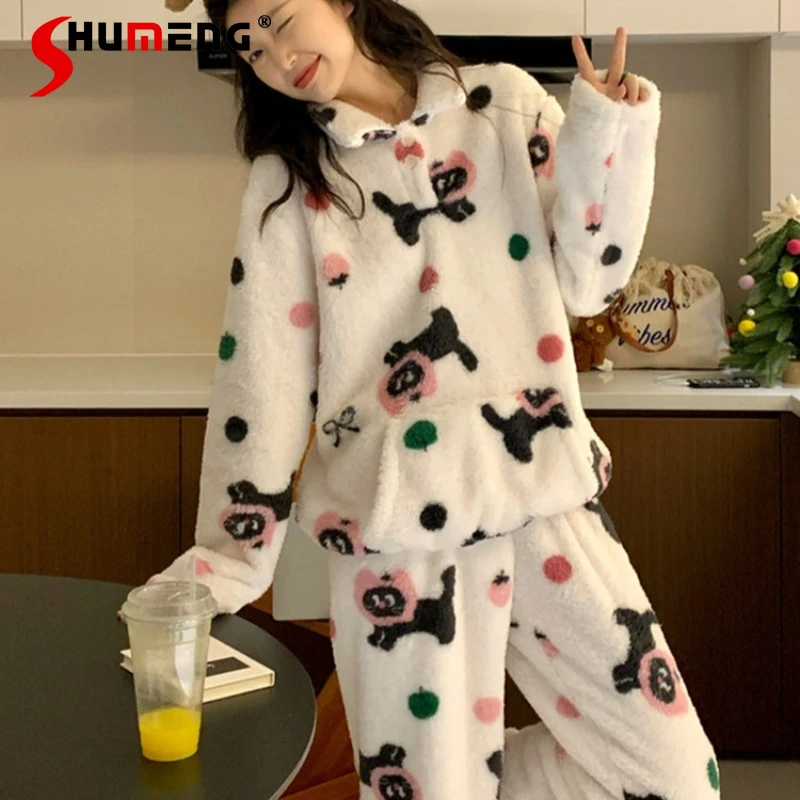 

Японский флисовый пижамный комплект для женщин: теплый домашний костюм с воротником-куклой в виде черной кошки, с большими карманами, для зимы