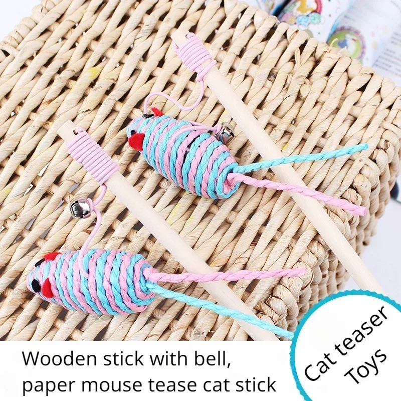 Pet Cat Teaser Mouse Toys Wood Wand Cat Catcher Teaser Rod Stick Cat Interactive Toys Mice Scratching Wand Cat Toys