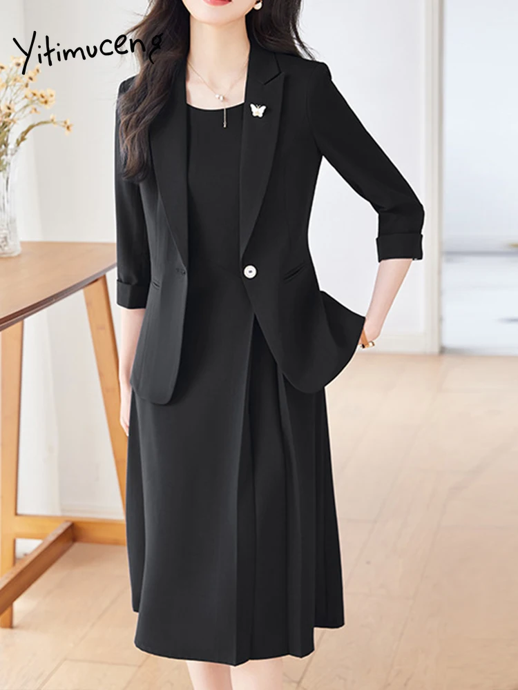 Yitimuceng-trajes elegantes de oficina para mujer, traje ajustado de manga larga de Color sólido con cuello de un solo botón, conjunto de 2 piezas