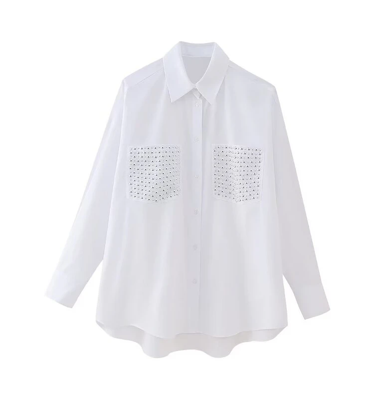 

Slimming Loose Long Sve Rivet Decorated Silk irt Women's Faion Autumn New Sle Collar Pure Color Versatile irt