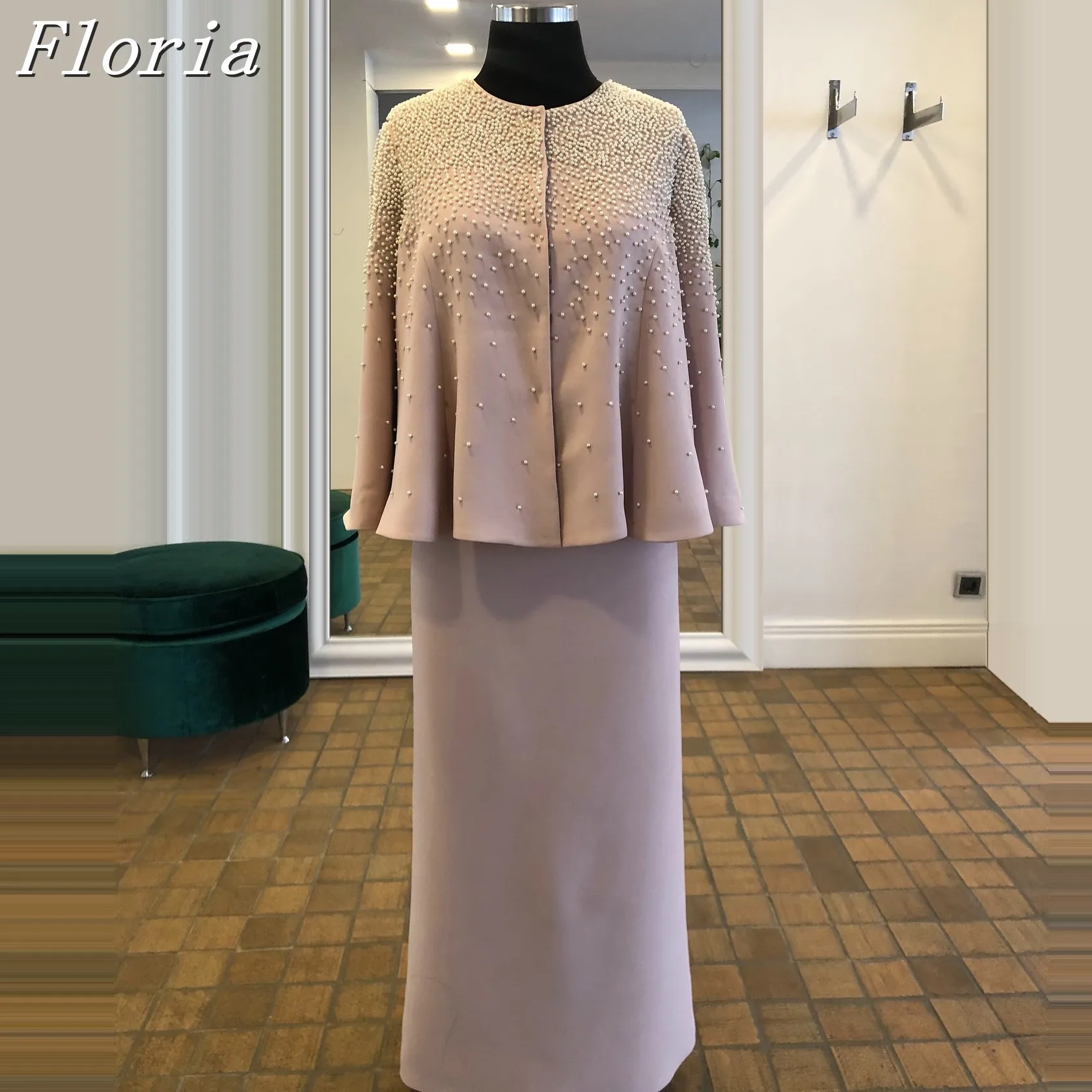 

2 Piece Set Saudi Arabic Middle East Muslim Pearls Formal Occasion Dress 2025 New Handemade Evening Dress For Mother Of Bride