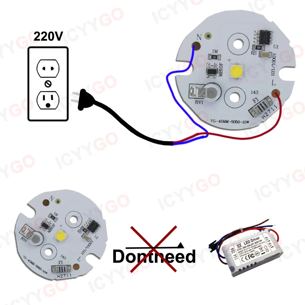 220V 10W White Light Warm Light Red Light Green Light Blue Light 5050 SMD LED Lamp Bead Light Source 45MM Suitable For DIY