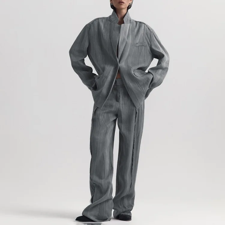 

Fashion Loose Gray 2 Piece Sets Women Outfit Elegant Long Sleeve Blazer with High Waist Wide Pants 2 Piece Sets Womens Outfits