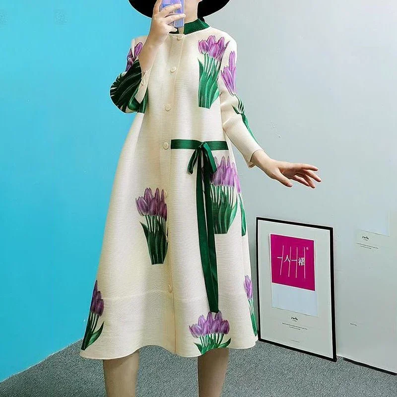 

Wrinkled Trench Coat Stand Up Collar Single Breasted 2025 Spring and Autumn New Loose Lazy Jacket Printed for Women