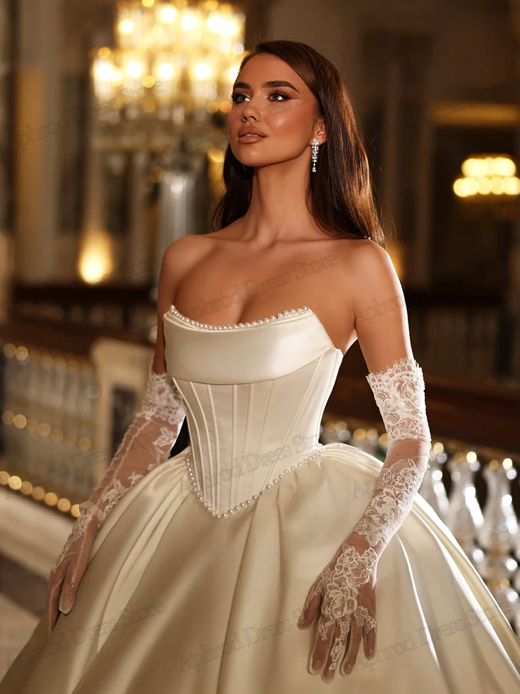 Classic Wedding Dresses Satin Bridal Gowns Strapless Backless Robes Pearl Decoration Robes Vestidos De Novia Customized 2025