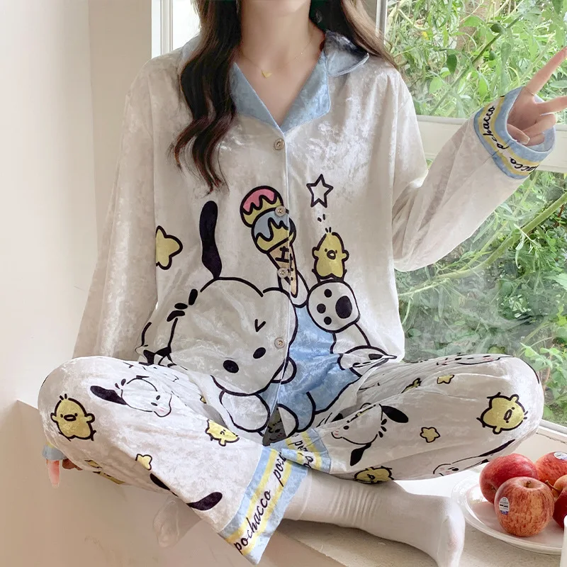 Y2K Woman Pajamas Home Clothes Suit Kawaii Hello Kittys Cinnamoroll Pochacco Anime Cartoon Printing Autumn Winter Loungewear Set