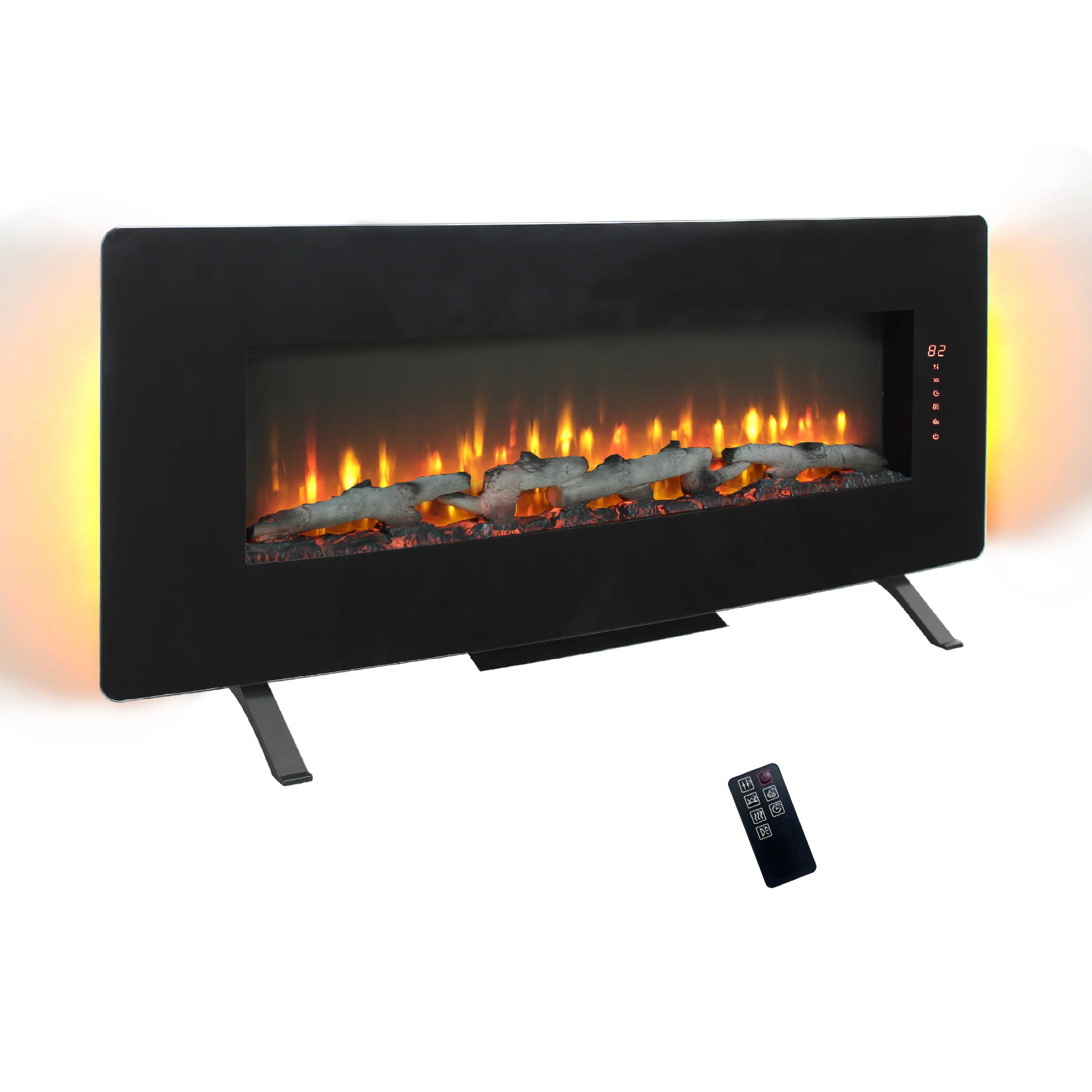 48 inch Curved Front Wall Mounted Electric Fireplace with remote and multi color flame & emberbed