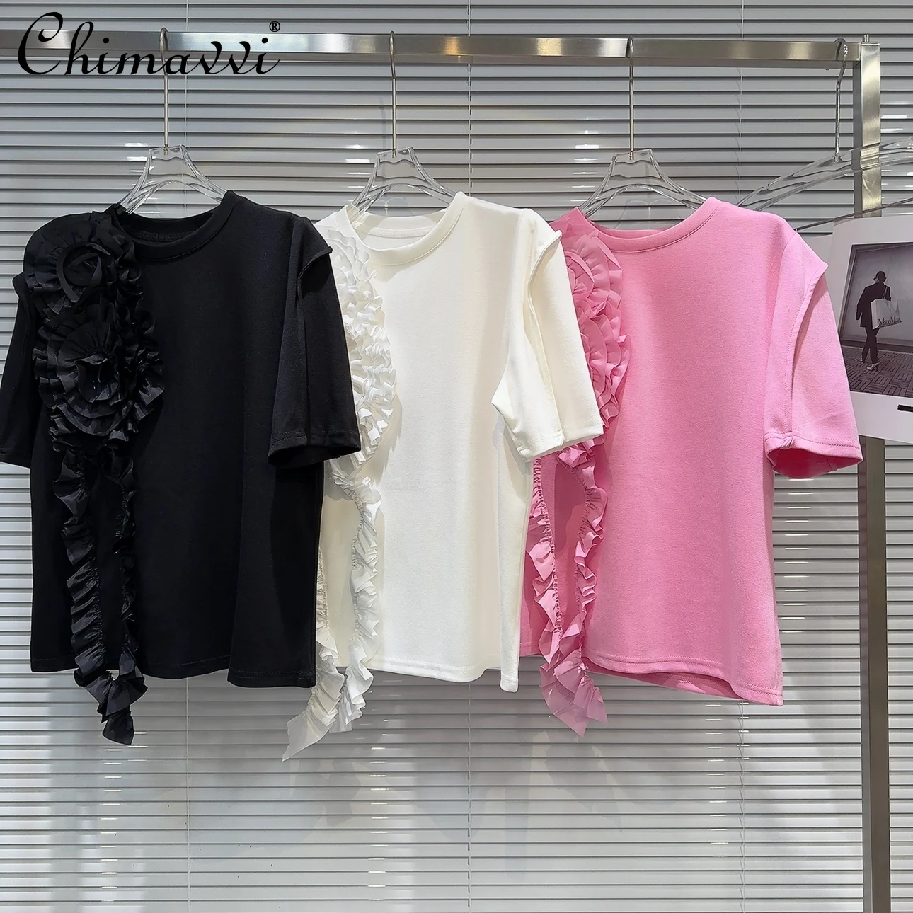 

Summer New Fashion Ruffles Pleated 3D Flower Solid Color Short-Sleeved T-shirt Round Neck Loose Short Sleeves Casual Tees Top