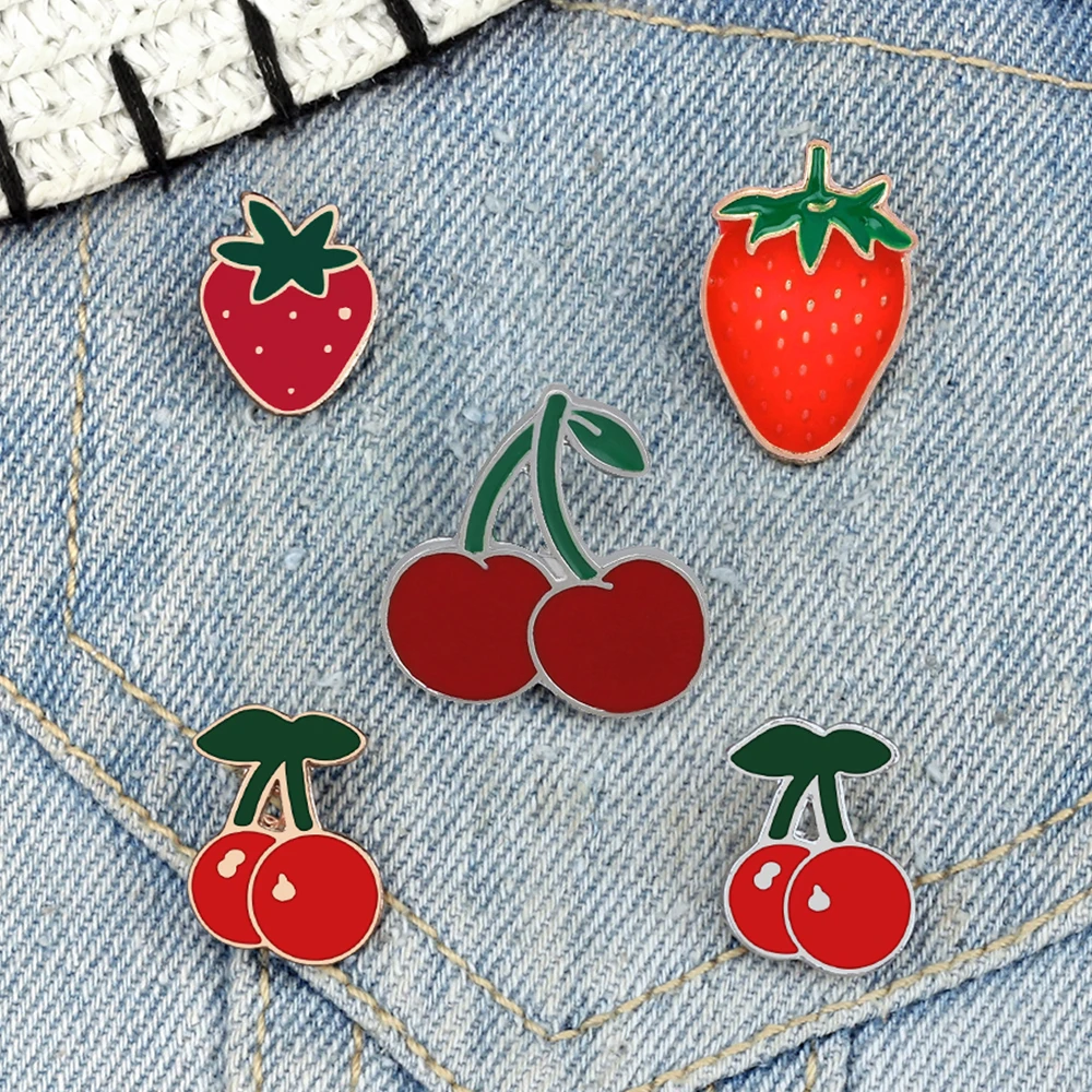 Pin de solapa de camisa de fresa roja, broches de esmalte de cereza, insignia de bolsa de fruta fresca de verano, regalo de joyería para amigos y