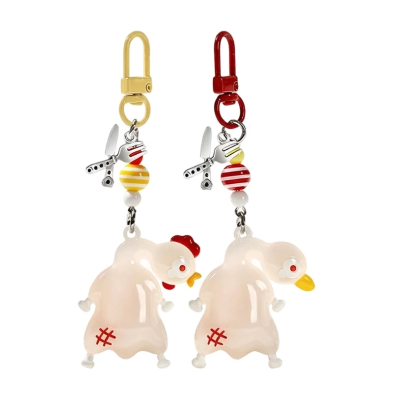 195C Novelty Duck Keychain Pair with Cartoon Roast Duck and Chicken Pendants, UV Color Changing Bag Accessory Set with Metal