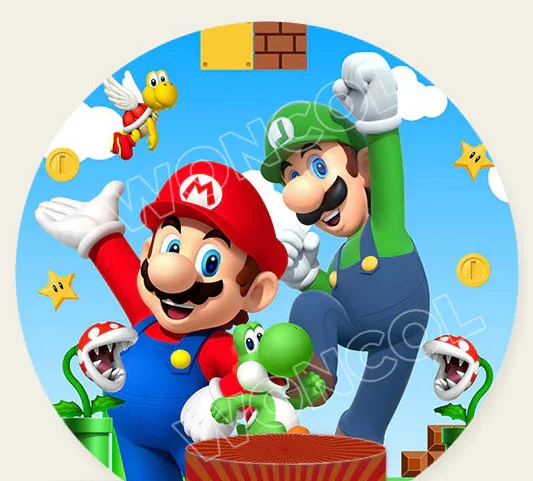 Super Mario Round Backdrop Mario Luigi Birthday Background Piranha Plant Yoshi Toad Cylinder Cover Super Mario Baby Shower Decor