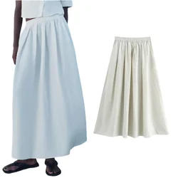 PB&ZA2024 autumn women's new simple fashion solid color loose casual advanced pleated wide swing midi skirt