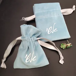 Blue Velvet Ribbon Gift Bags 8x10cm 9x12cm 10x15cm 50pcs/Lot Eyelashes Makeup Drawstring Pouch Jewelry Logo Sack