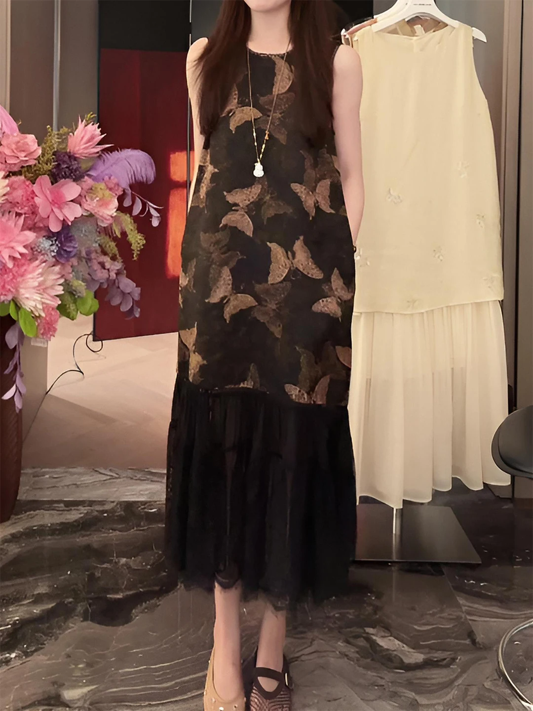 

Elegant Summer Sleeveless Dress for Women with Mesh Splicing And Print Loose A-Line Midi Dress Vintage Style