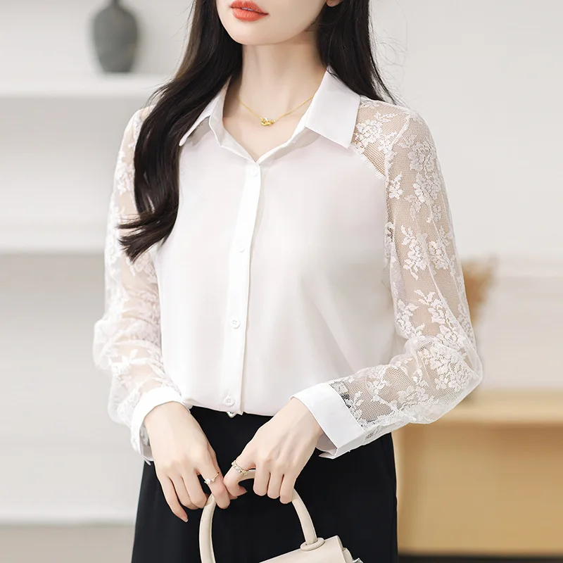 

2025 Fashionable New Women's Lapel Lace Spliced chiffon Shirt Top Cardigan
