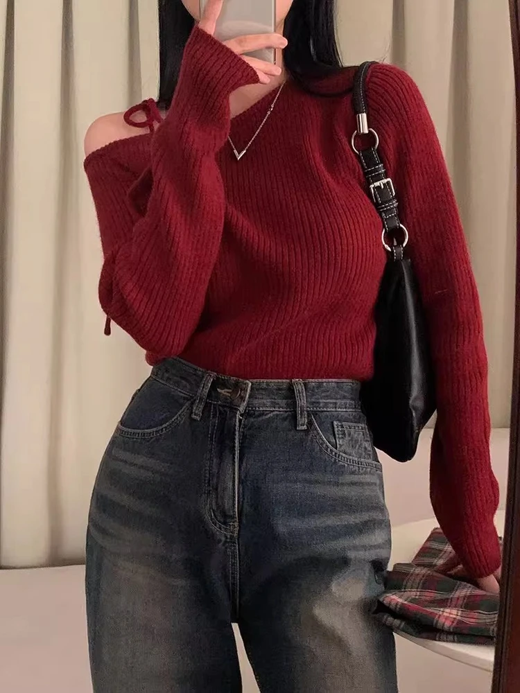 

Korean Sle Faionable Winter Knitted Sweater Women's Long Sve Belted Asymmetrical Collar Slimming Base Layer Top