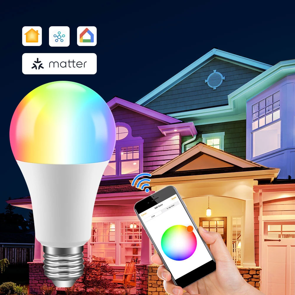 Matter WiFi Smart Bulb Dimmable Led Light 16 Million RGB Colors E27 Base light Voice Control Siri Alexa Google Home Smartthings