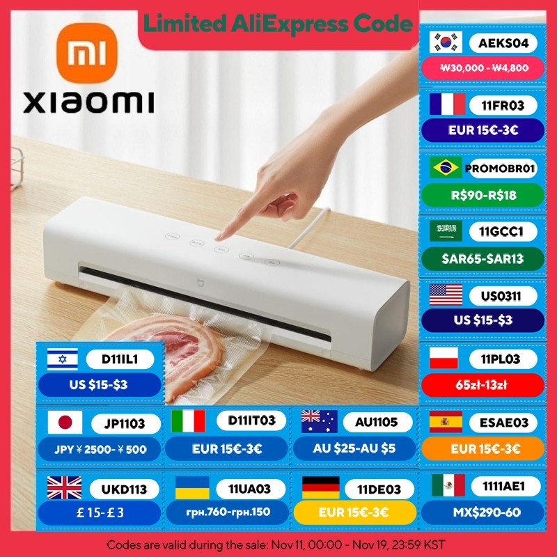  XIAOMI MIJIA Vacuum Sealer Machine,70Kpa Food Vacuum Sealer Machine Preservation Dry/Moist Modes,220V With Free 10pcs Vacuum Bag 