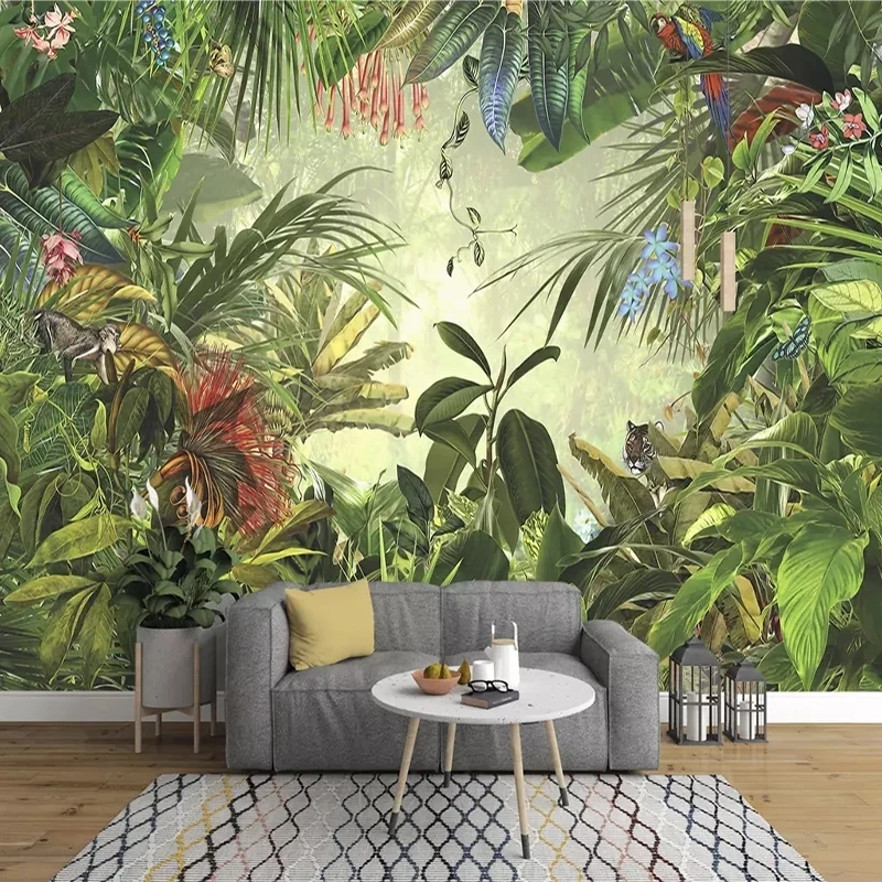Customized Vintage Hand-painted Rainforest Banana Leaf green tree woods forest Wallpaper Bedroom Living Room Background 3D Mural