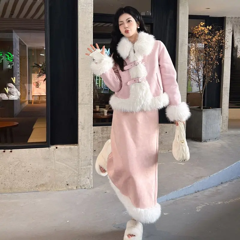 

Korea Winter Pink Warm Jacket Suits Korean Fashion Faux Fur 2 Piece Skirt Set Women Casual Y2k Blazers Coats + Mini Skirts Chic