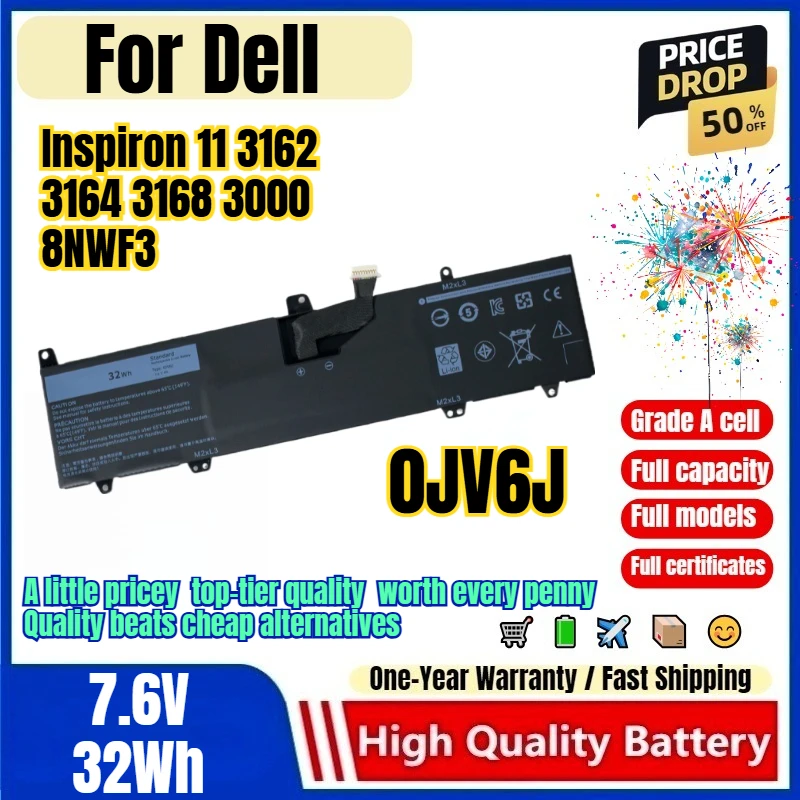 0JV6J for Dell Inspiron 11 3162 3164 3168 3000 8NWF3 Laptop Battery 0 Cycle High Capacity Replacement Bateria Grade A Cell