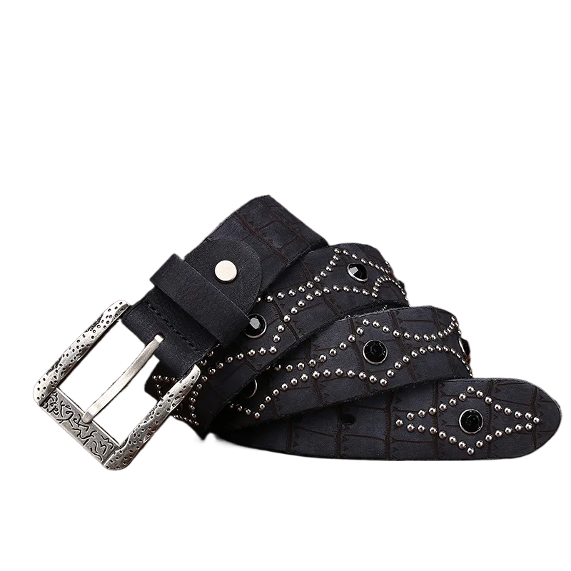 Vintage Distressed Embossed Punk Style Men's Belt, Genuine Top-grain Leather Casual Waistband for Jeans