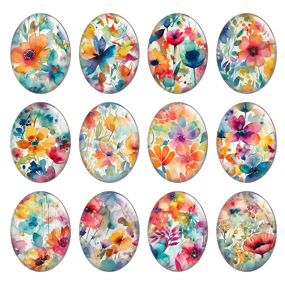 10pcs/lots Oval Photo Glass Cabochon Charms Wild Flower Leaf Demo Flat Back Cameo For Diy Jewelry Making Finding Accessories