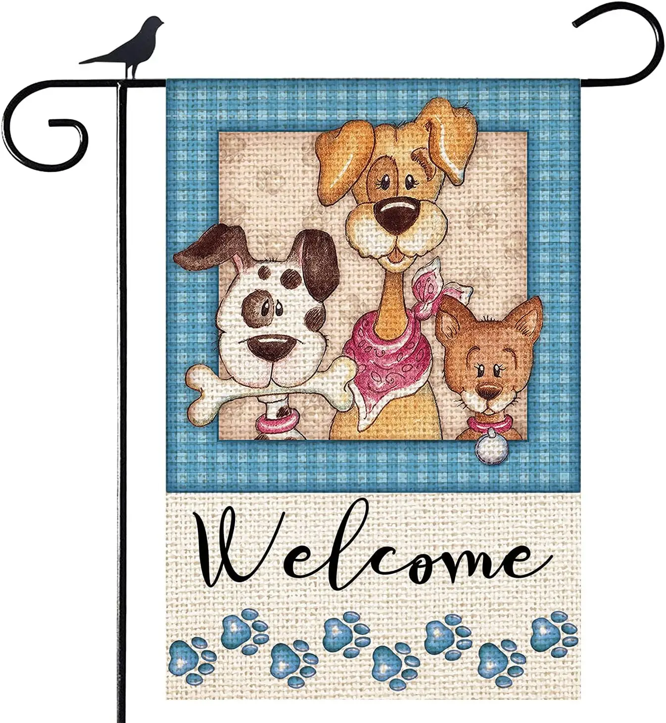 Shmbada Welcome Dogs Puppy Paw Print Burlap Garden Flag, Double Sided Vertical Outdoor Spring Summer Decorative Small Flag f LLO