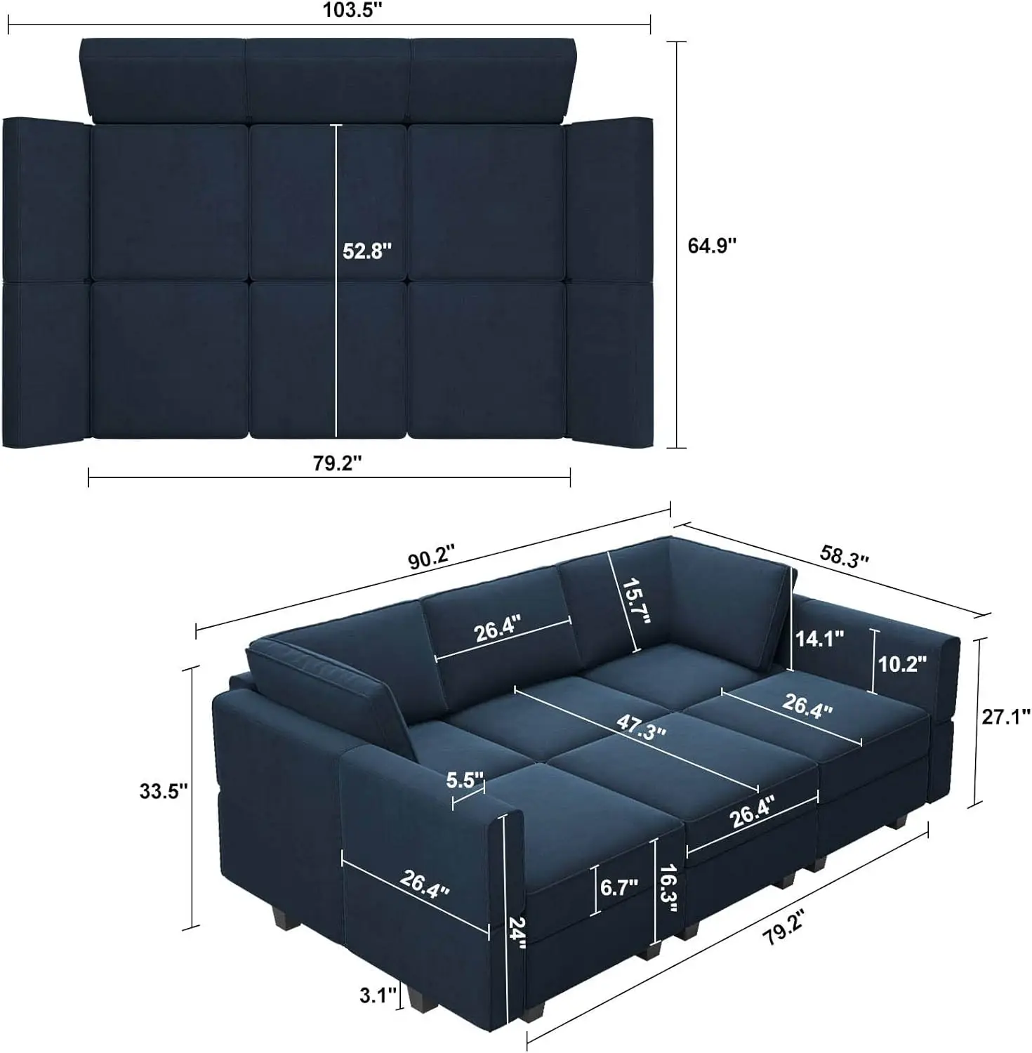 Modular Velvet Sectional Sofa with Chaise Lounge Sectional Sleeper Sofa with Storage Chaise Sofa Bed Couch for Living Room Blue