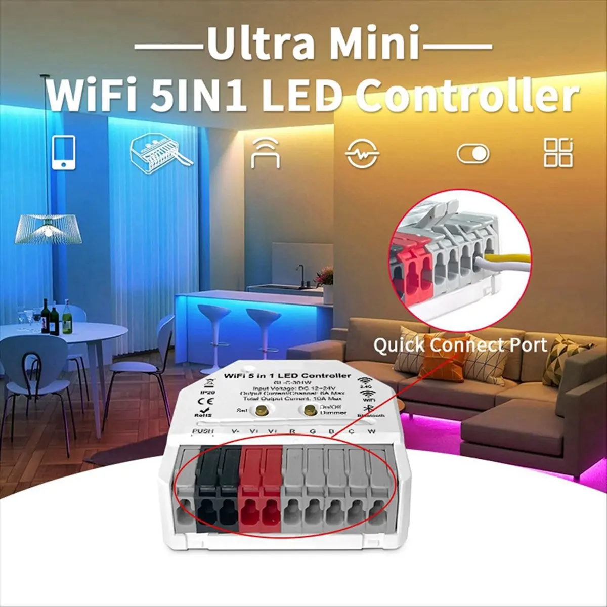 reveal 5-in-1 WiFi LED Light Strip Controller Tuya App,Voice and 2.4G RF Remote Control Supported Ideal for Home Lighting