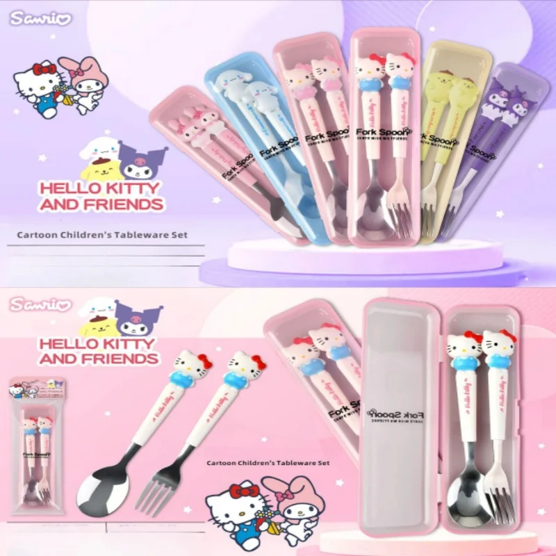 Sanrio Cinnamoroll Melody Hello Kitty Kuromi Steel เด็กน่ารักการ์ตูนแบบพกพาบนโต๊ะอาหารชุดช้อนตะเกียบ