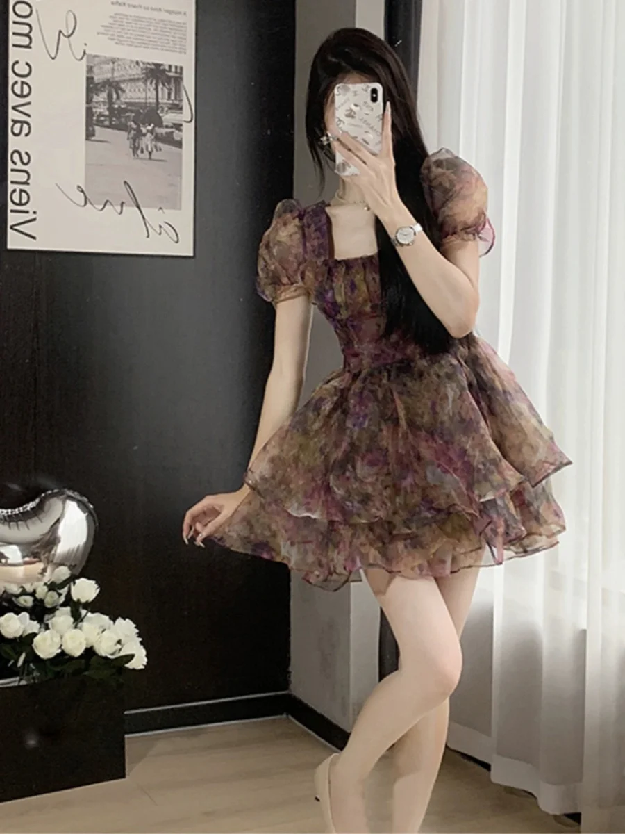 

Elegant Floral Print Dress Women's Summer High-End Frock Sweet Style A-Line Short Skirt Bubble Sleeve Square Collar Dress