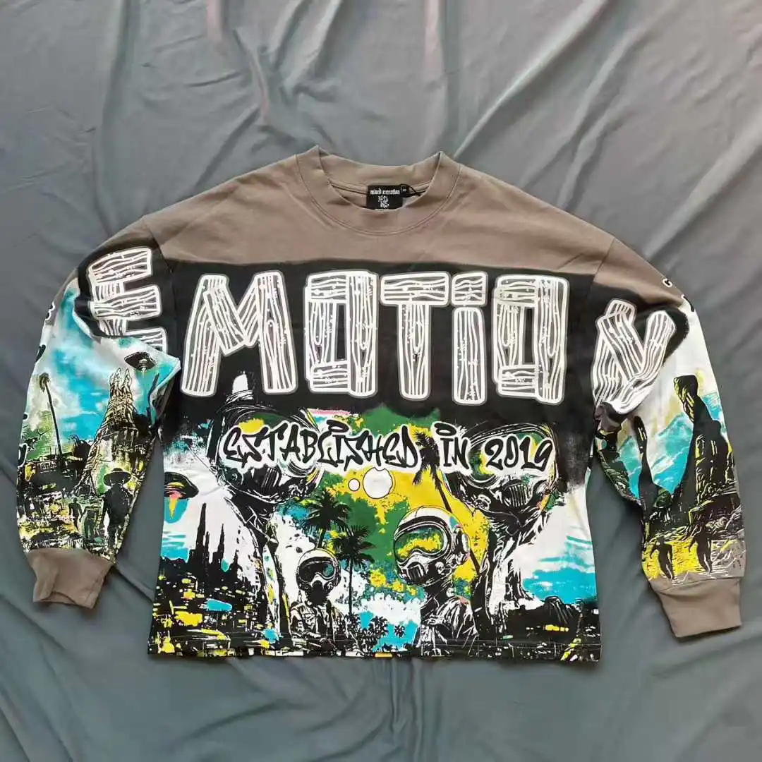 

25ss New Mixed Emotion Letter graffiti Printed long Sleeve brown Mens Tshirts Streetwear Cotton Loose Round Neck Top tee
