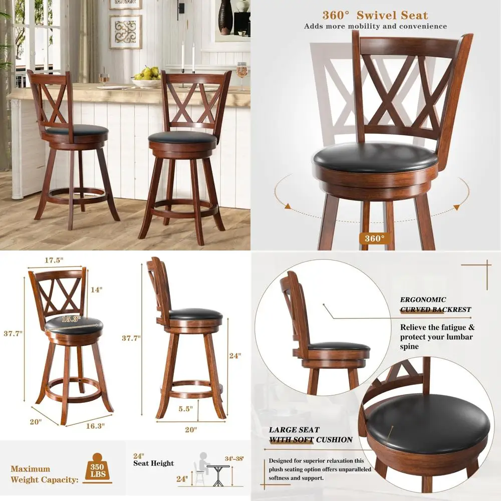 

High Back Swivel Bar Stools with Upholstered Seats and Solid Wood Footrests - 24 Inch Counter Height Chairs for Comfortable Dini
