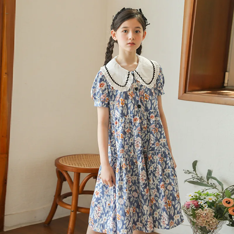 

Flower Girl Dresses Cotton Turn-down Collar Princess Costume Summer Temperament Retro Party Clothes Teenage Puff Sleeve Dress