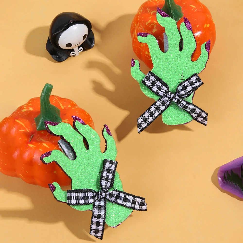 2 ชิ้นฮาโลวีนปาล์มสีเขียวคลิปผม Sparkly Bow Hairpin สําหรับสาวเด็ก Spooky น่ารักปาร์ตี้คอสเพลย์ Headdress อุปกรณ์เสริมผม