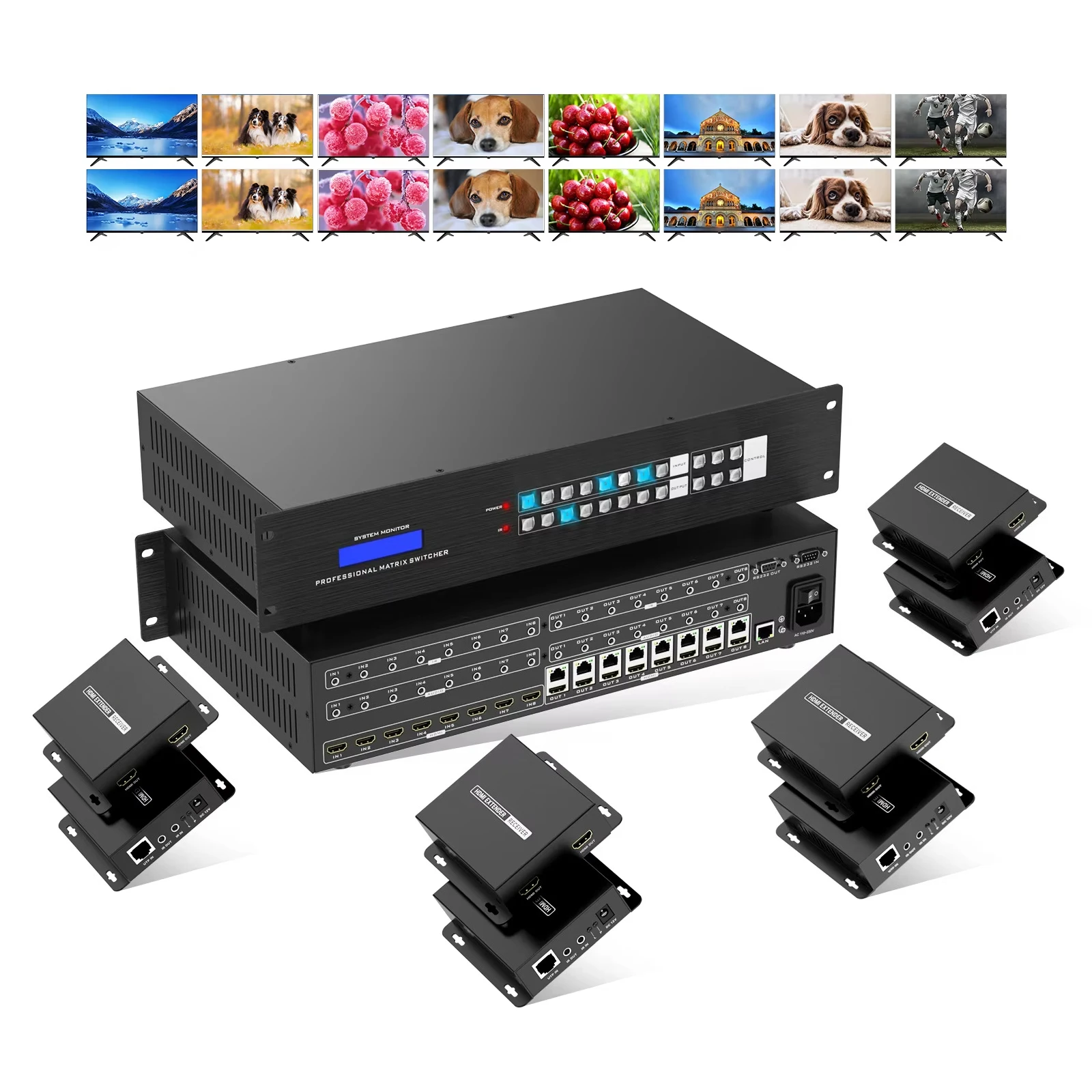 4K 60hz 8x8 8x16 HDMI matrix Over Ethernet + 8 HDBaseT Receivers, Available for 4x4 16x16 32x32 36x36 72x72