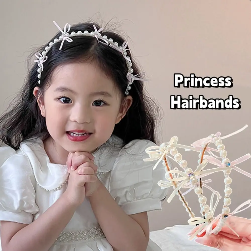 

Elegant White Pearl Bow Hairbands Cute Sweet Princess Hair Hoop Flower Korean Children Headband for Girls