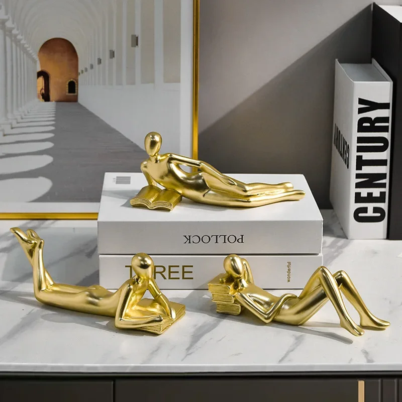 Resin Figure Sculpture Thinker Golden Reader Golden Man Abstraction Decorative Figurines Resin Figurine Home Decoration