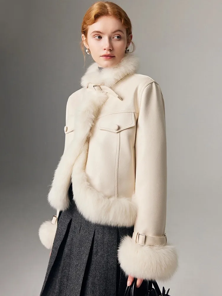 موضة تقسم الثعلب الفراء طوق أسفل معاطف سيدة سترة قصيرة دراجة نارية نمط أوزة سترات منتفخة معطف الشتاء ملابس خارجية رائجة البيع