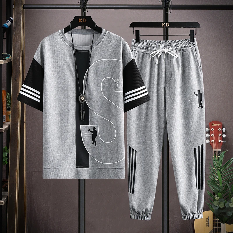 Hot-Selling Summer Men\'s Trousers Tracksuit 2 Piece Set Fashion Sportswear Short Sleeve T Shirt+Long Pants Male Clothing