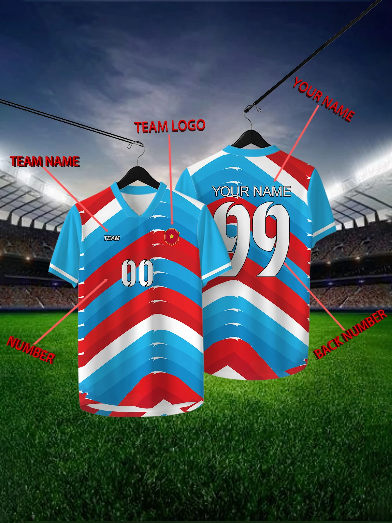

Customized Geometric Blue Short Sleeved Shirt with Team Name, Emblem, Name and Number, Outdoor Sports Short Sleeved T-shirt