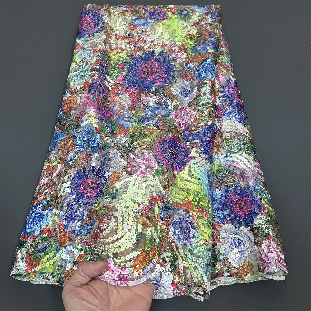 African Nigerian Sequins Sewing Net Cloth,Tulle Lace Fabric, Prom Dresses Beads,Embroidery, High Quality, 5Yad , PS0065, 2025