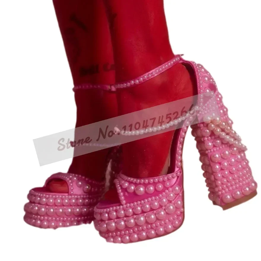White Pearls Glossy Chunky Heel Sandals High Platform Jewelry Decorated Wedding Shoes String Beaded Chain Pumps